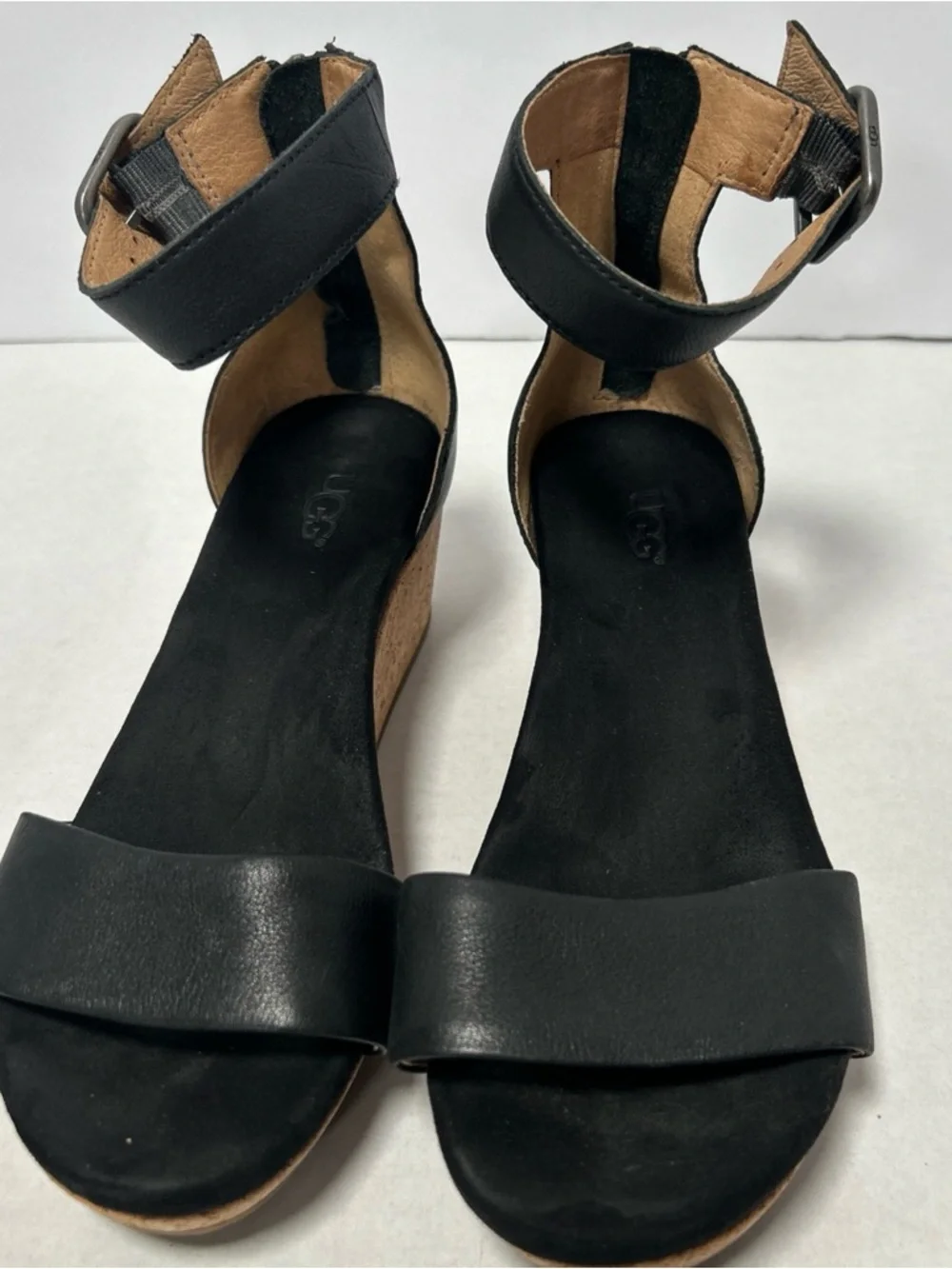 UGG Zoe II Leather Open Wedge Cork Sandal Ankle Strap‎ 1102674 Black Size 6.5